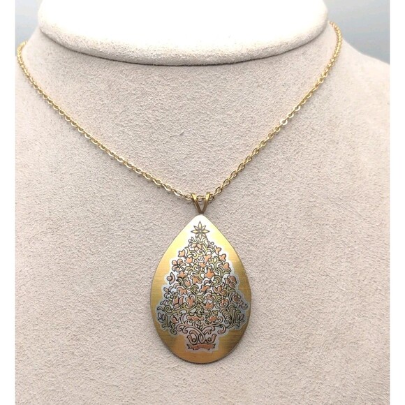 Reed & Barton 24k Gold Plate Silver Damascene Christmas Tree Pendant Necklace - Picture 2 of 10